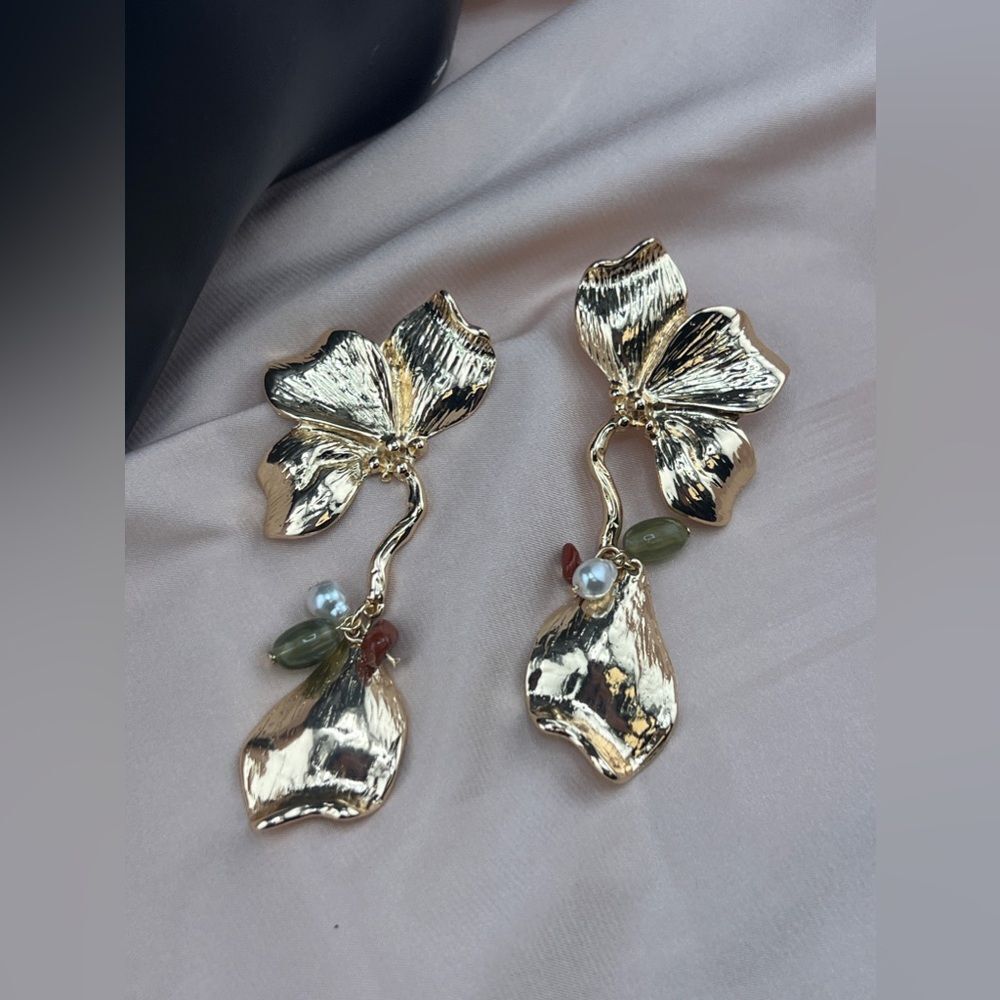 Gold Orchid Drop Earrings with Multicolor Beads - Picture 10 of 10